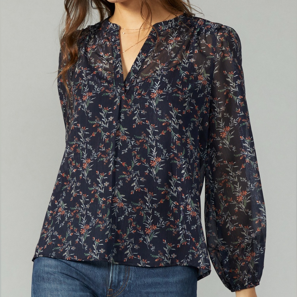 NWT Greylin Sheer Floral Blouse in Navy - Size S